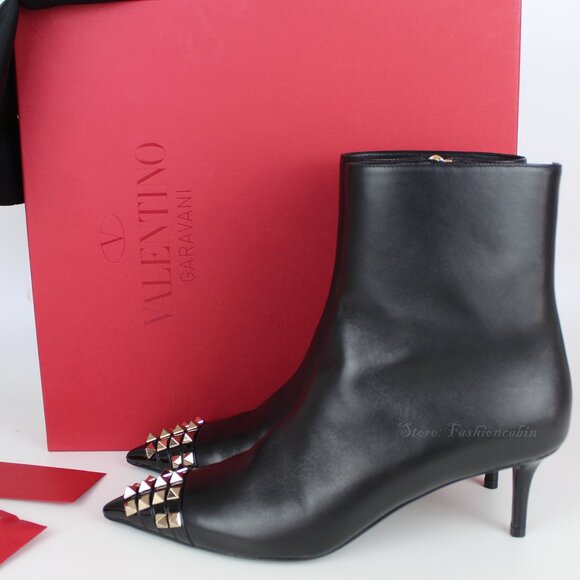 NEW Valentino Rockstud Pointed Ankle Boot – Sleek Kitten Heel w Studded Toe Edge - Picture 1 of 16